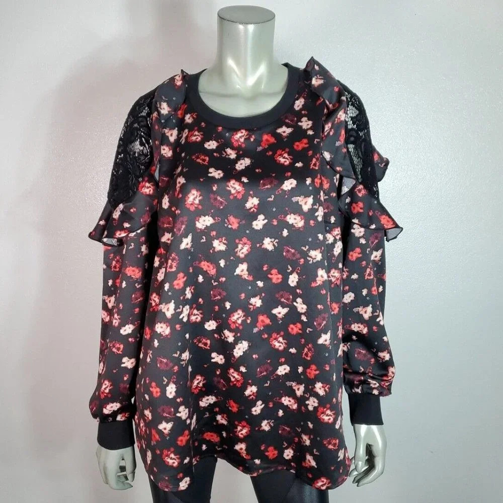 Lane Bryant Top Plus Size 18/20 Ruffle & Lace Shoulder Long Sleeve Casual‎ Black